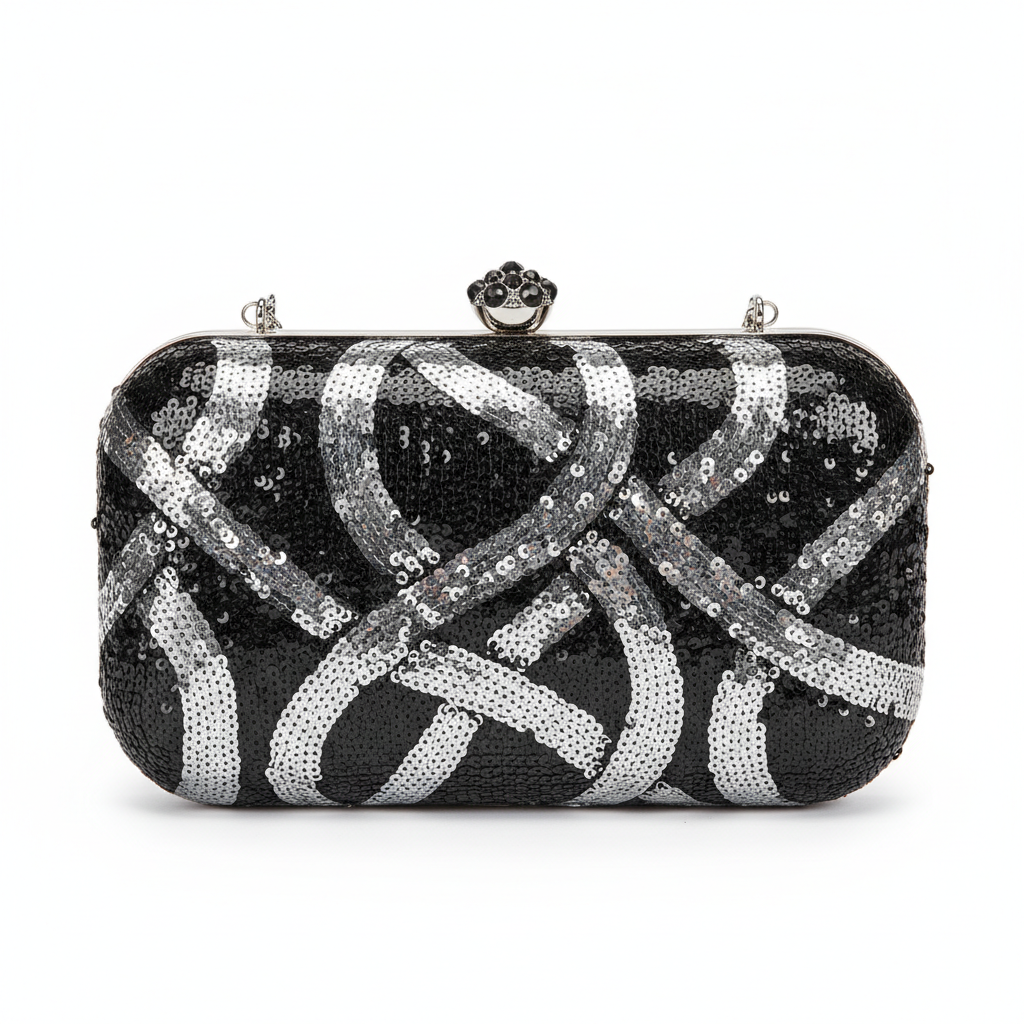 black and silver sequinned clutch bag